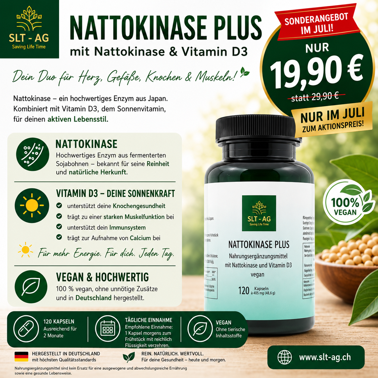 Nattokinase Plus von SLT AG, Kapsel mit Nattokinase, zeigt die Verpackung und Kapseln auf weißem Hintergrund.
