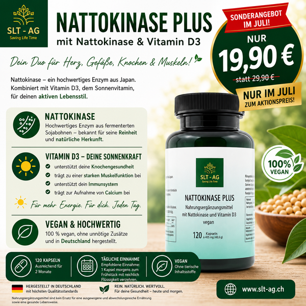 Nattokinase Plus von SLT AG, Kapsel mit Nattokinase, zeigt die Verpackung und Kapseln auf weißem Hintergrund.