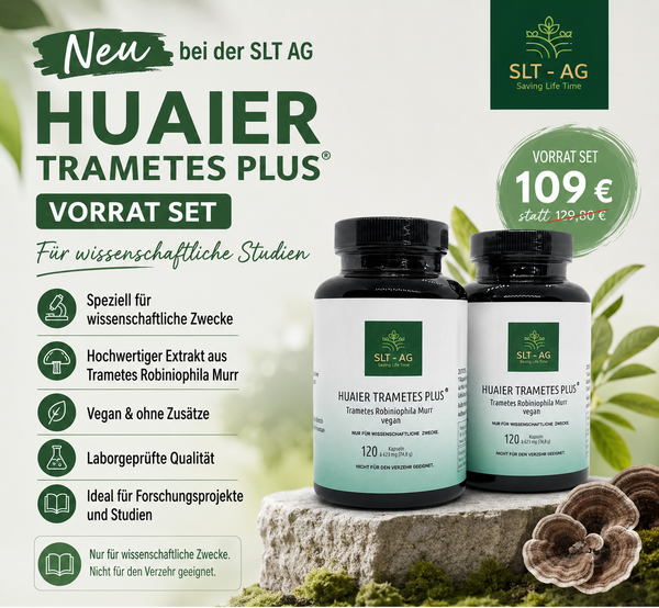 Huaier Trametes Plus Vorratsset mit verschiedenen getrockneten Pilzsorten in einem transparenten Glasbehälter, auf weißem Hintergrund