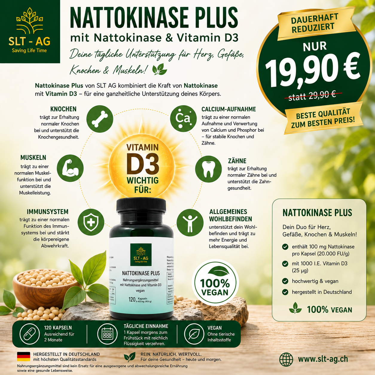 Nattokinase Plus von SLT AG, Nattokinase mit Vitamin D3